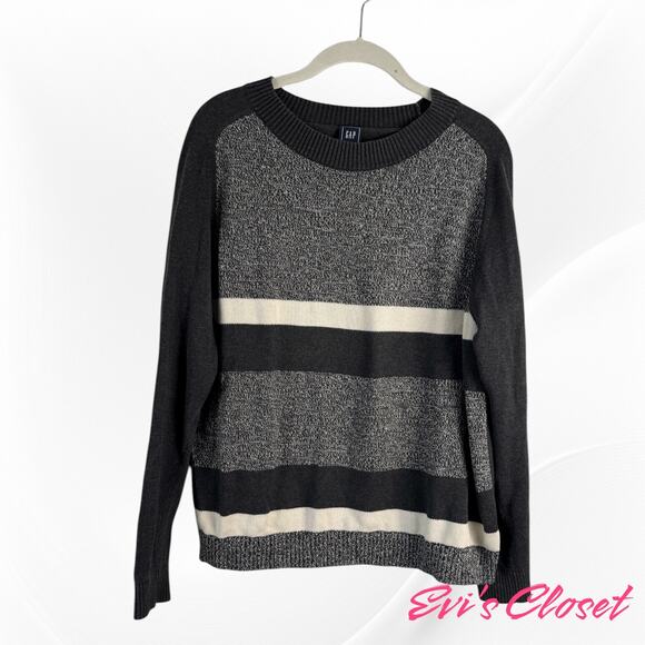 Gap Women's Cotton Sweater Sz L. Black Gray White Crew Neck Long Sleeve Classic - Picture 2 of 7